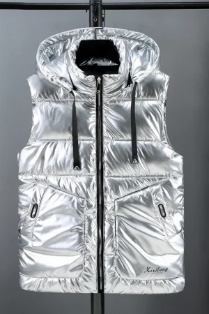 Autumn Witner Down Cotton Vest Men Black Gold Silver Sleeveless Jacket Slim Casual Hooded Vest Warm Man Vest Waistcoat