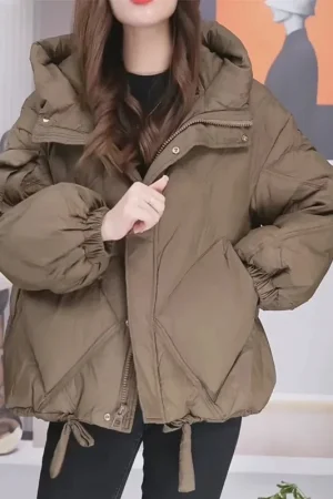 Winter Women Cotton Coat Solid Color Hooded Puffer Jackets Thick Warm Loose Casual Short Parkas Outerwear 2025 New