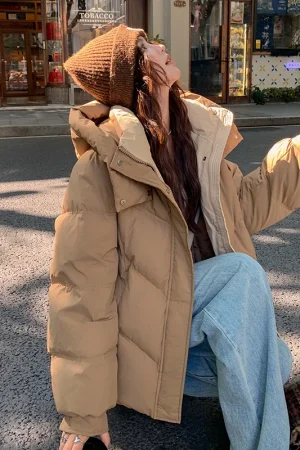 Women Thicken Down Cotton Padded Loose Coat 2025 Autumn Winter Puffer Jacket Female Hooded Solid Long Sleeve Short Parkas