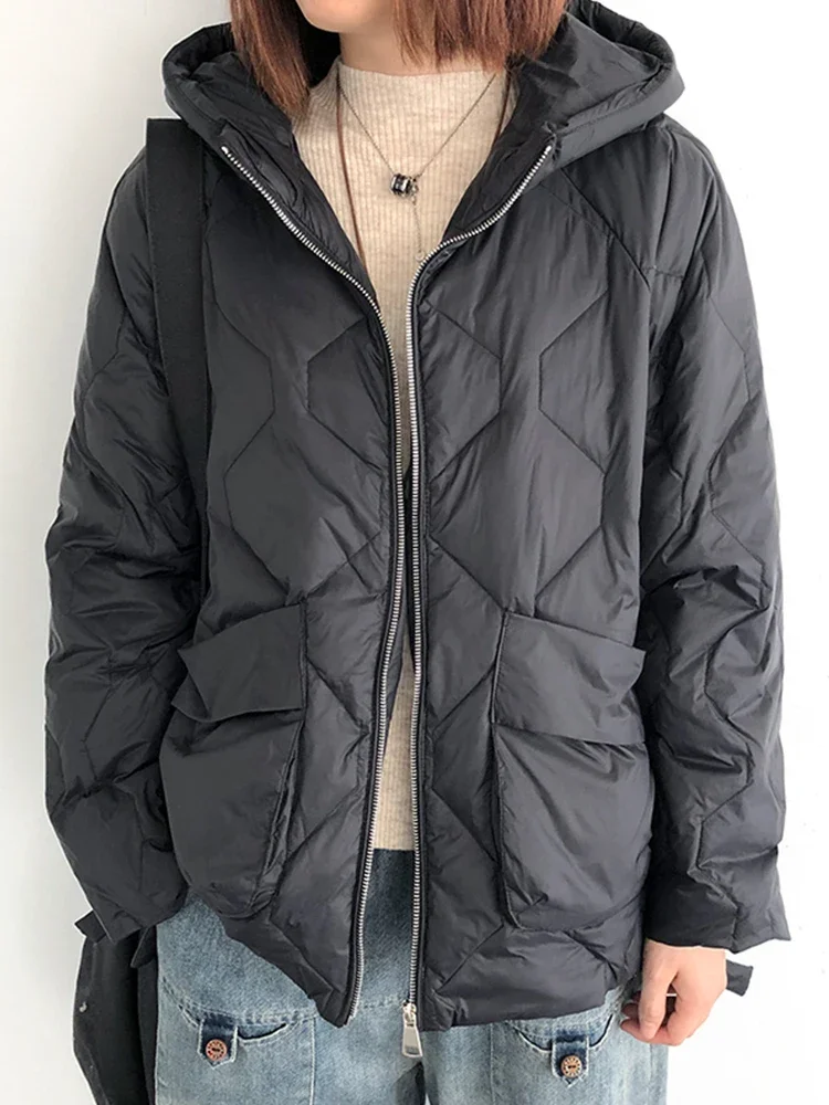 Winter Women White Duck Down Coat Casual Loose Solid Light Down Outwear Female Hooded Zipper Puffer Parka Jacket - Image 5