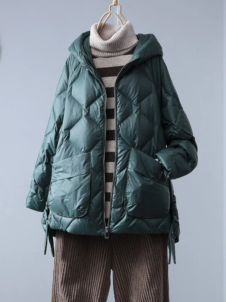 Winter Women White Duck Down Coat Casual Loose Solid Light Down Outwear Female Hooded Zipper Puffer Parka Jacket - Image 3