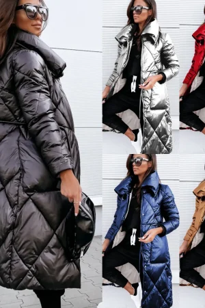 Glossy Parkas Outwear Women Long Sleeve Lapel Long Winter Keep Warm Parkas Outwear Zipper Cotton-Padded Coat Jackets