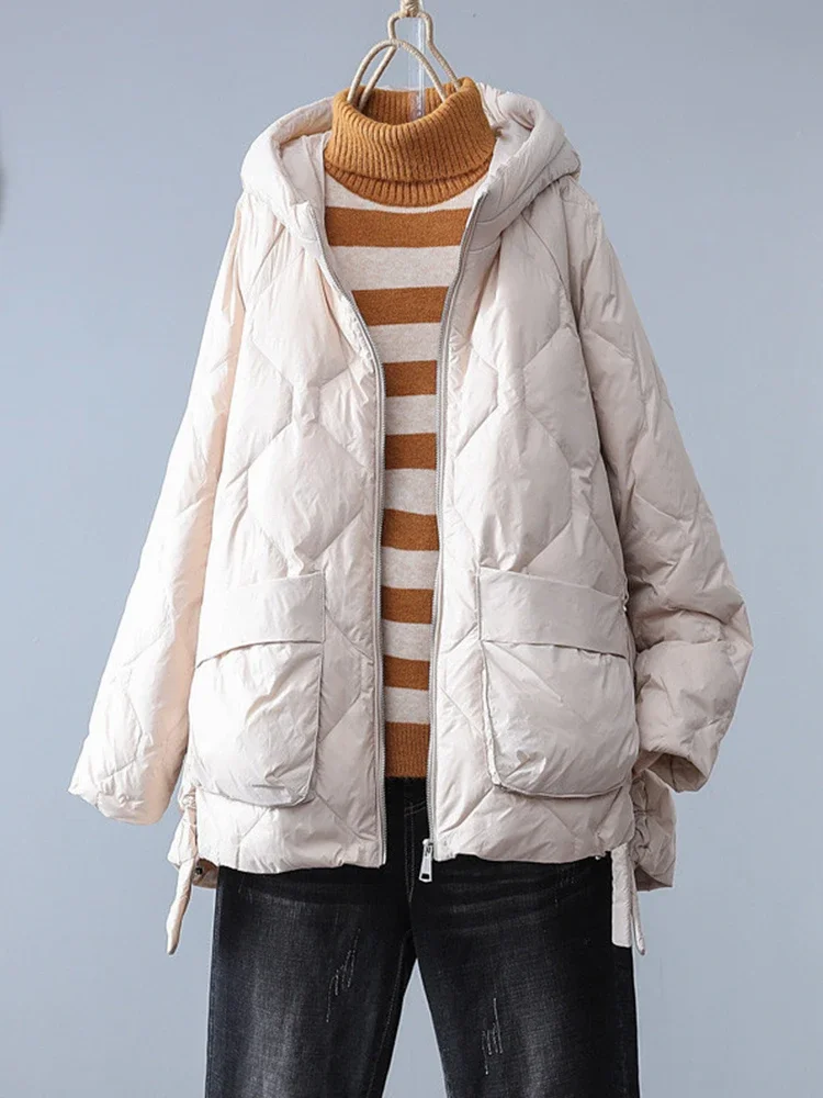 Winter Women White Duck Down Coat Casual Loose Solid Light Down Outwear Female Hooded Zipper Puffer Parka Jacket - Image 4